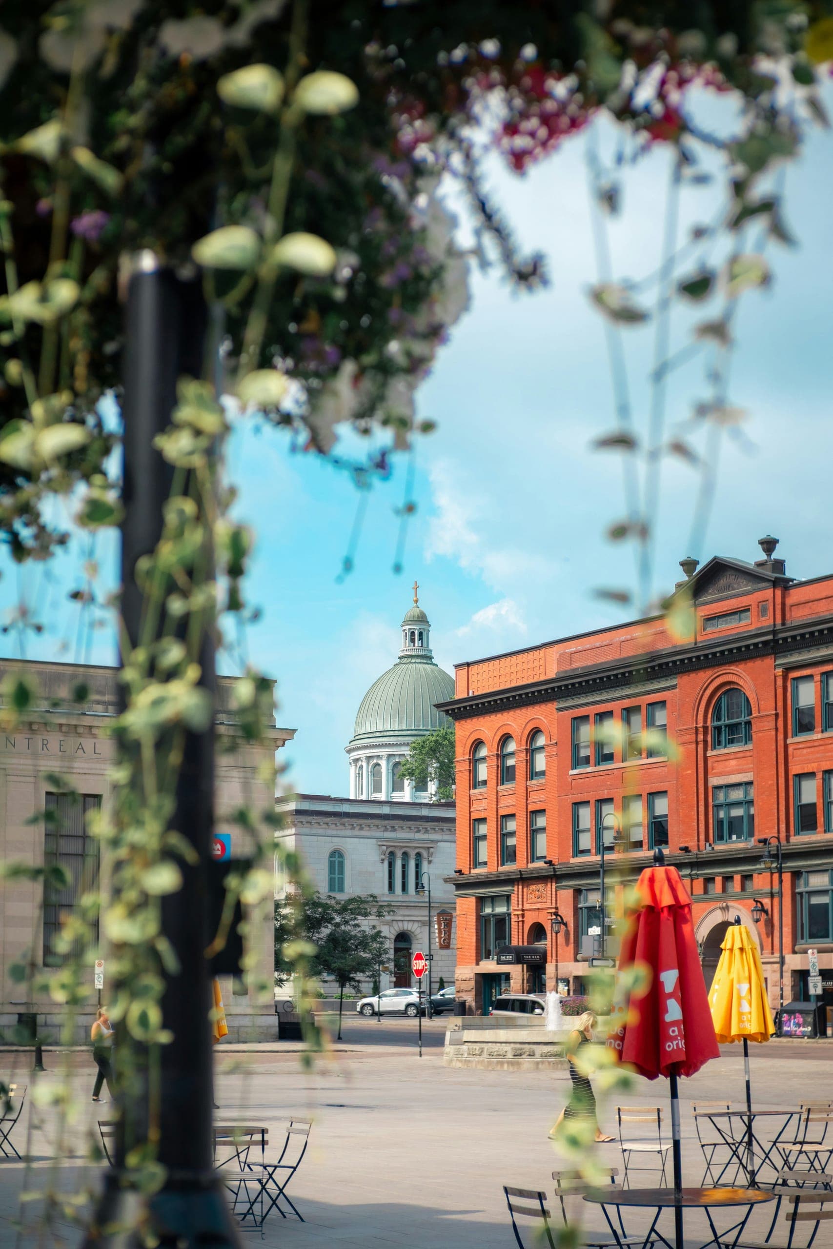 Springer Market Square in Kingston, cafe umbrellas and the cathedral dome behind